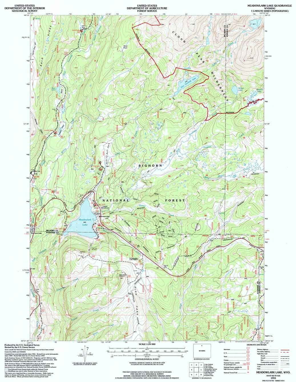 1993 Topo Map of Meadowlark Lake Wyoming WY Bighorn Forest