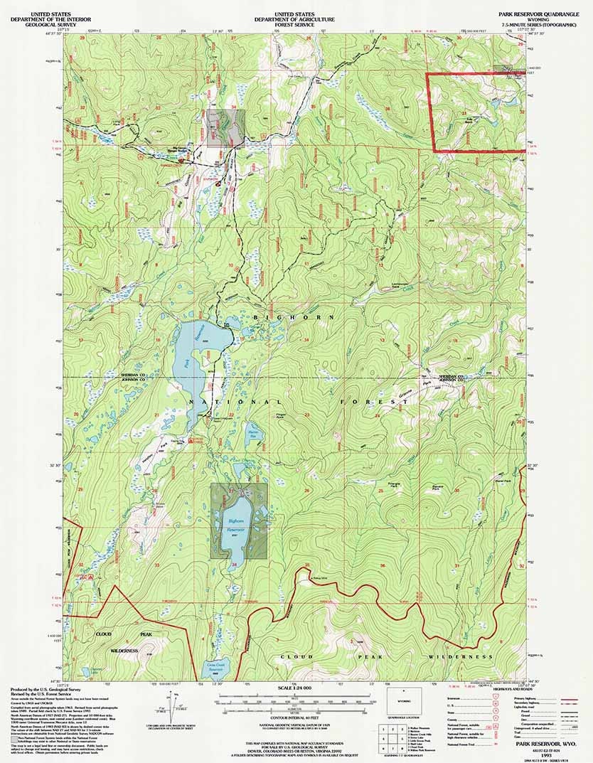 1993 Topo Map of Park Reservoir Wyoming WY Cloud Peak Bighorn Forest