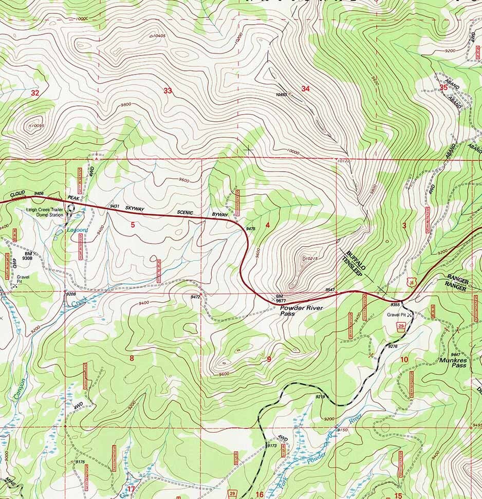 1993 Topo Map of Powder River Pass Wyoming WY Bighorn Forest