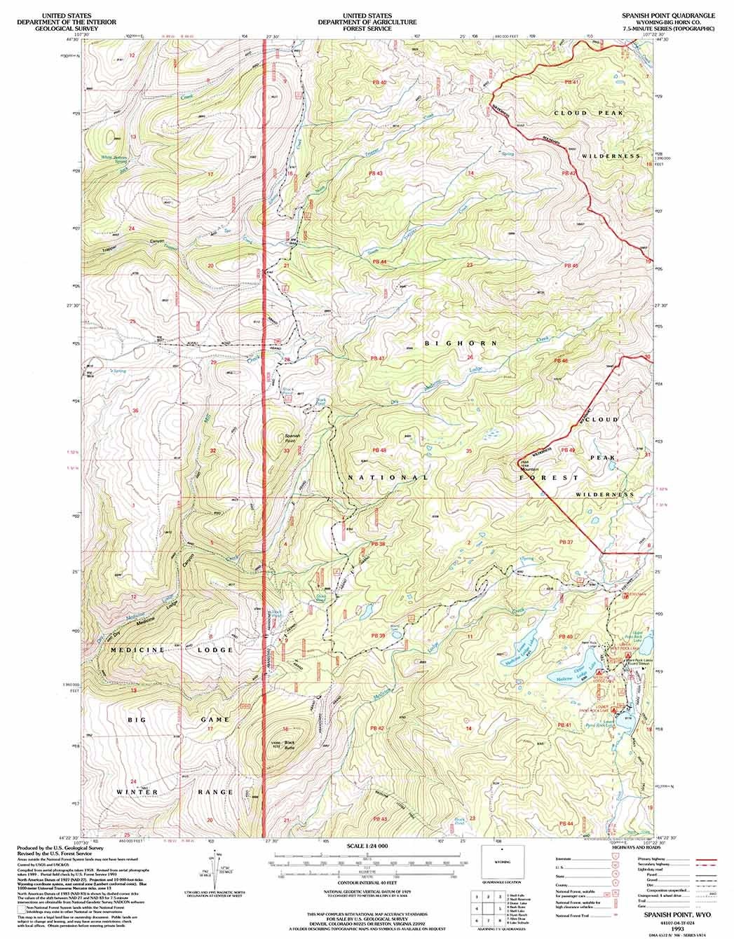 1993 Topo Map of Spanish Point Wyoming WY Bighorn Forest