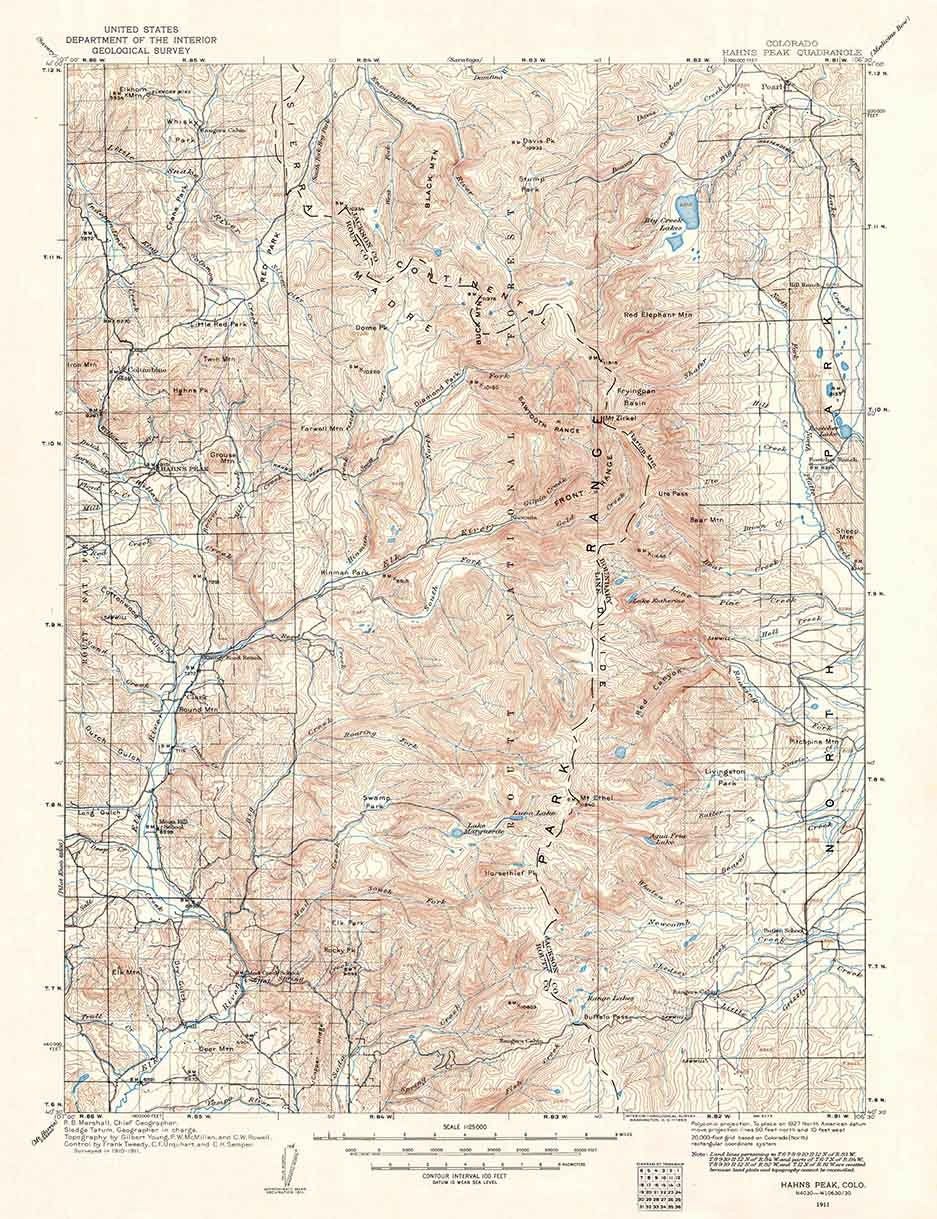 1911 Topo Map of Hahns Peak Colorado