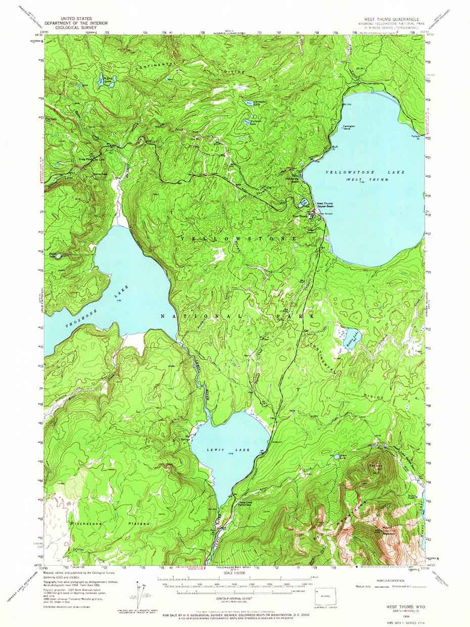 1956 Topo Map of West Thumb Wyoming Shoshone Lake Yellowstone Lake Lewis Lake