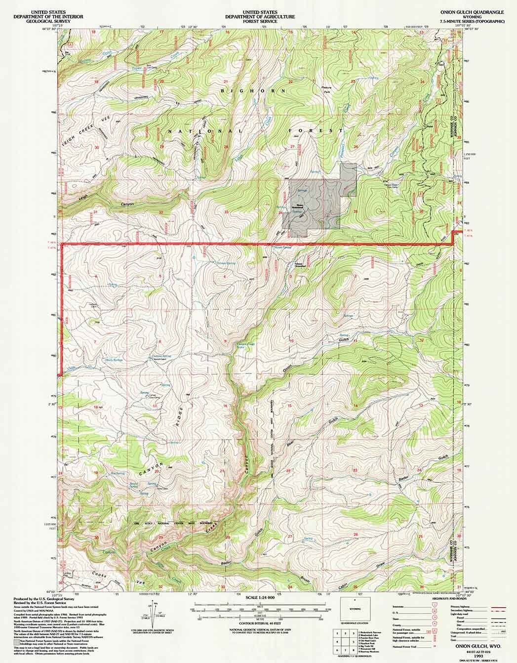 1993 Topo Map of Onion Gulch Wyoming WY Bighorn Forest