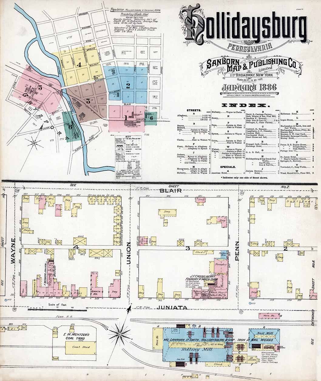 1886 Town Map of Hollidaysburg Blair County Pennsylvania