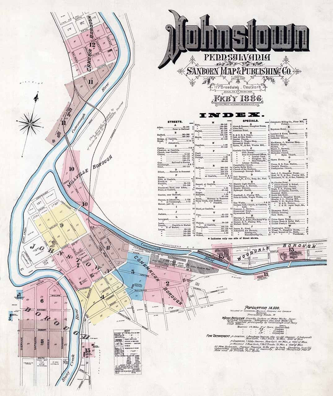 1886 Town Map of Johnstown Cambria County Pennsylvania