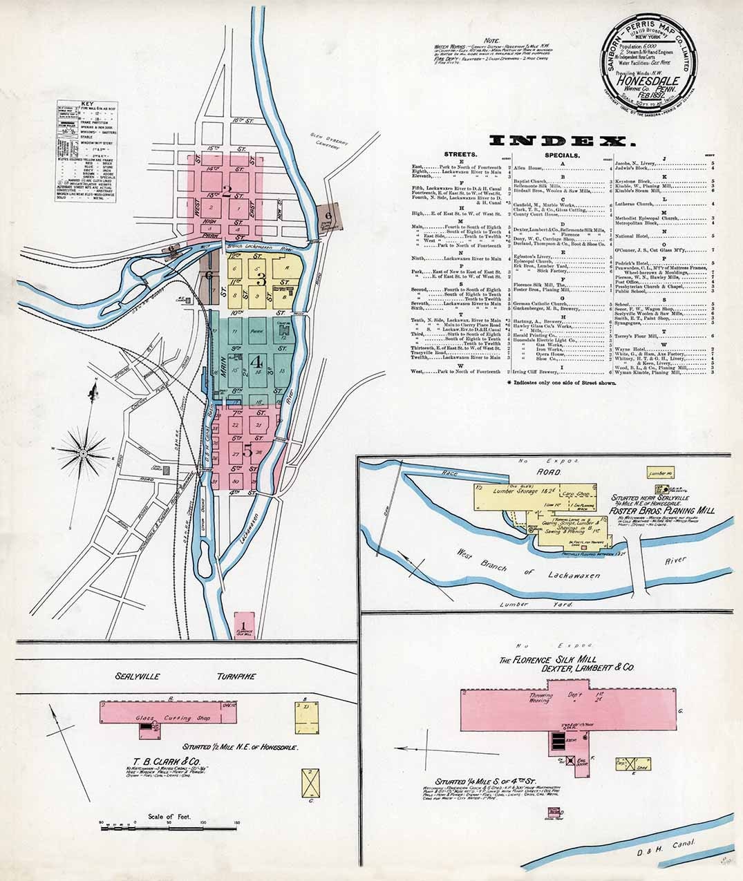 1892 Town Map of Honesdale Wayne County Pennsylvania