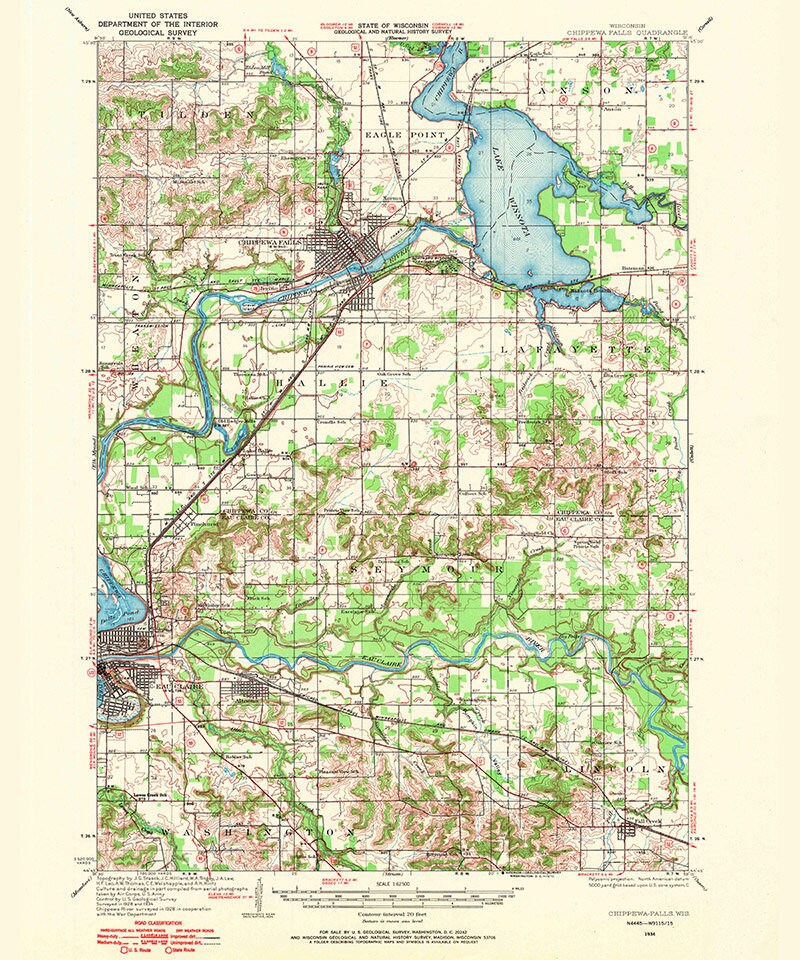 1934 Topo Map of Chippewa Falls Wisconsin Lake Wissota