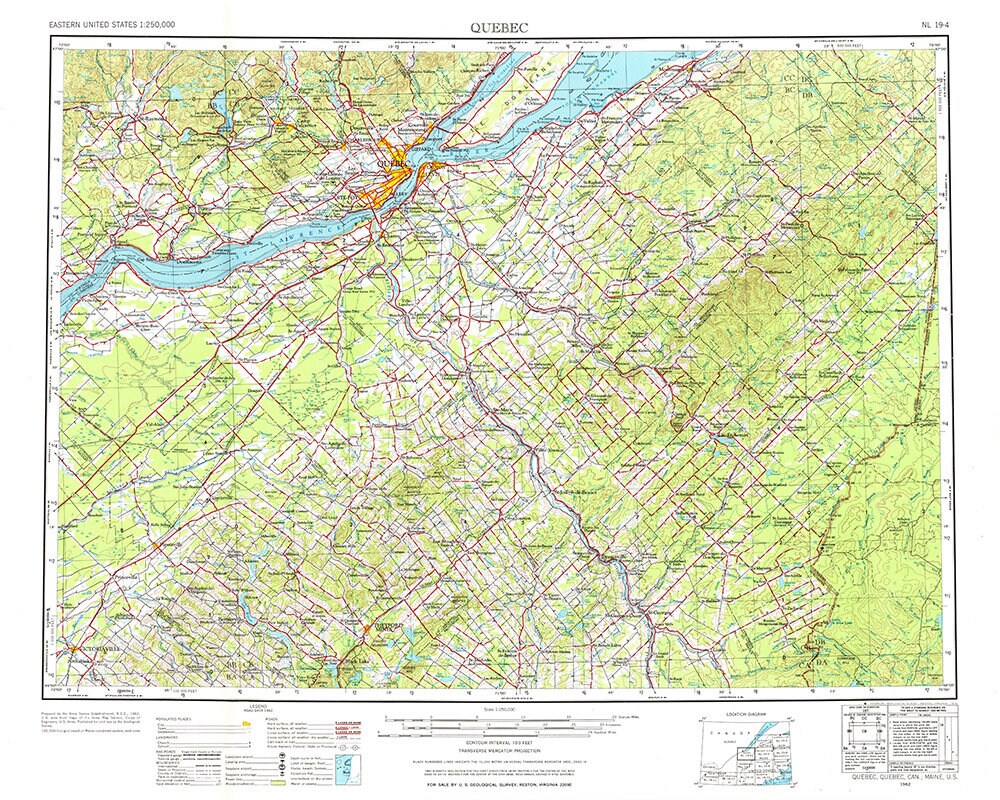 1962 Top Map of Quebec Quadrangle Quebec Canada