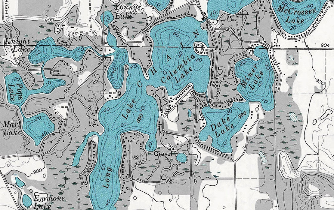 1969 Map of Long Lake Chain Waupaca County Wisconsin