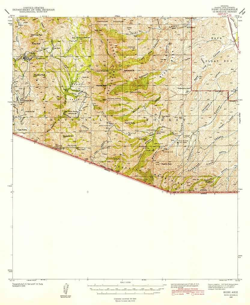 1942 Topo Map of Ruby Arizona Coronado National Forest