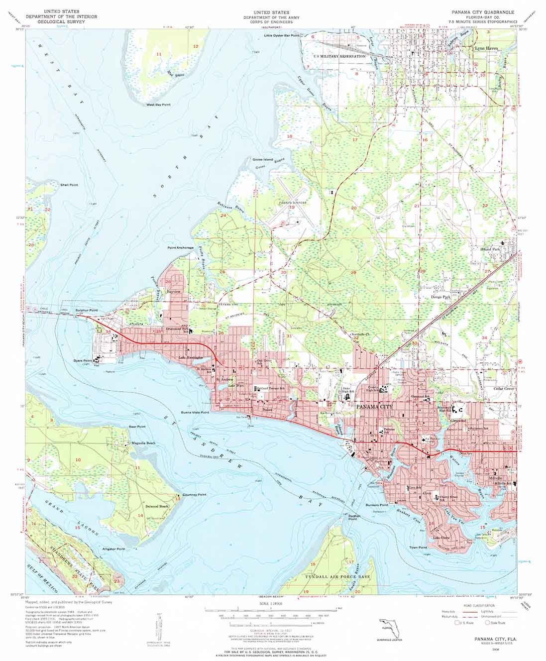 1956 Topo Map of Panama City Florida Tyndall Air Force Base