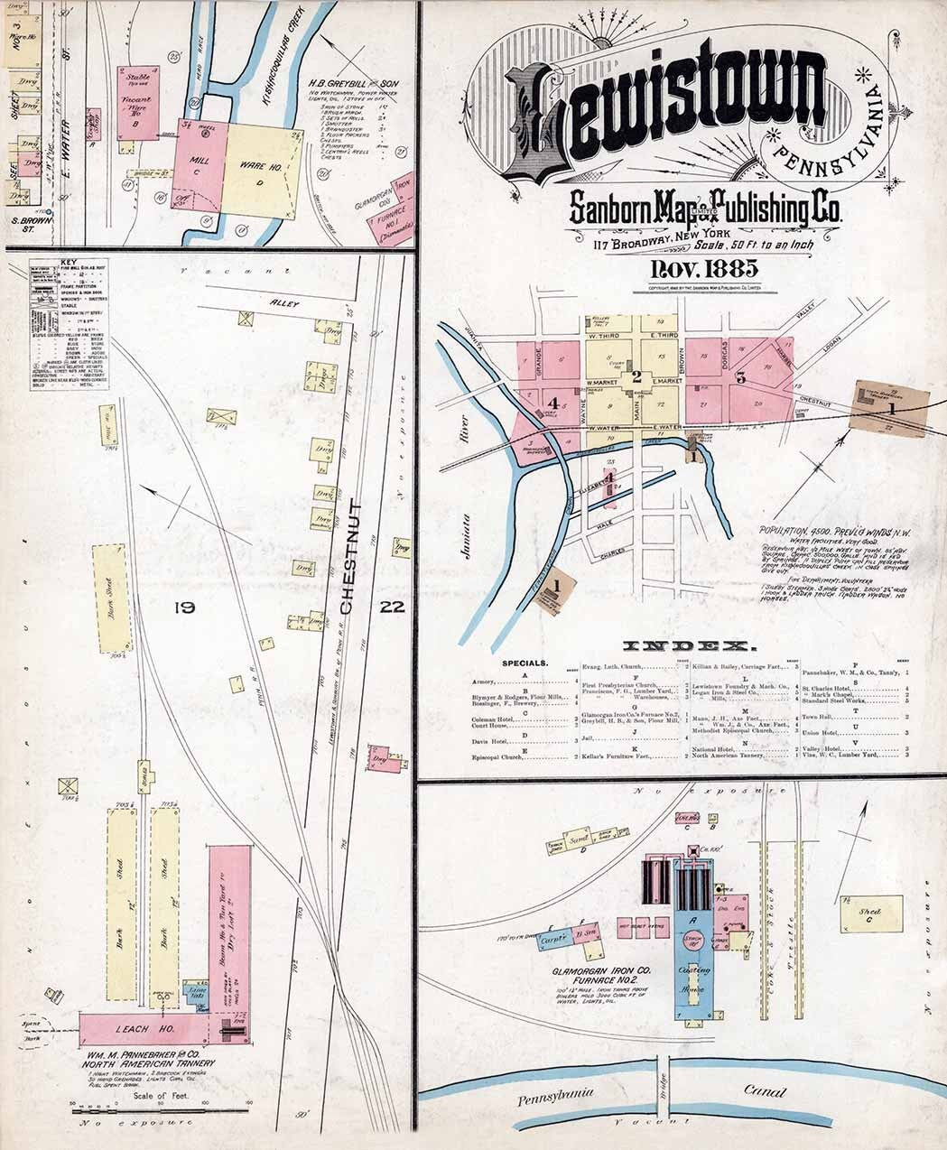 1885 Town Map of Lewistown Mifflin County Pennsylvania
