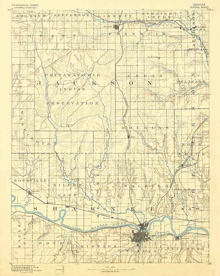 1889 Topo Map of Topeka Kansas Pottawatomie Indian