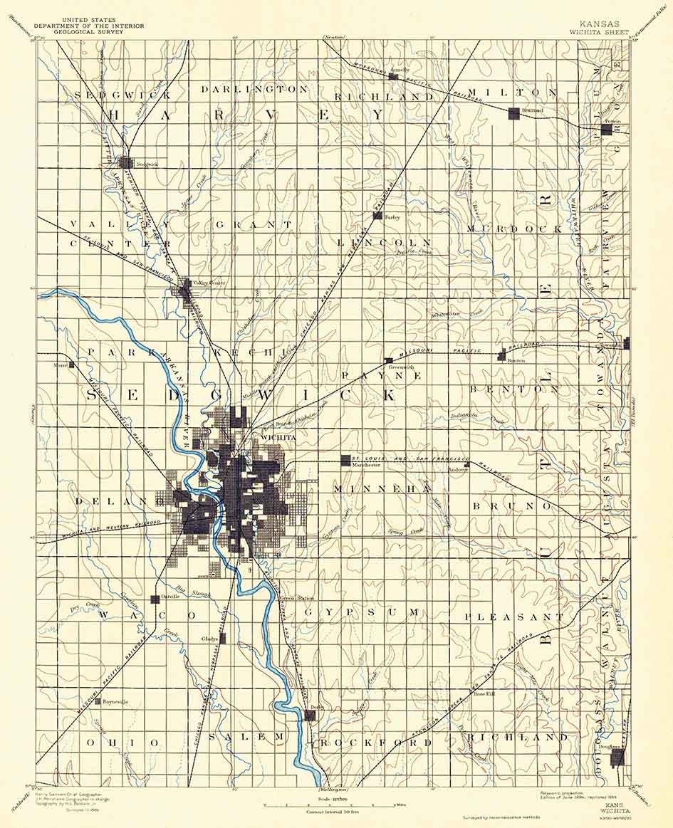 1894 Topo Map of Wichita Kansas Harvey Waco