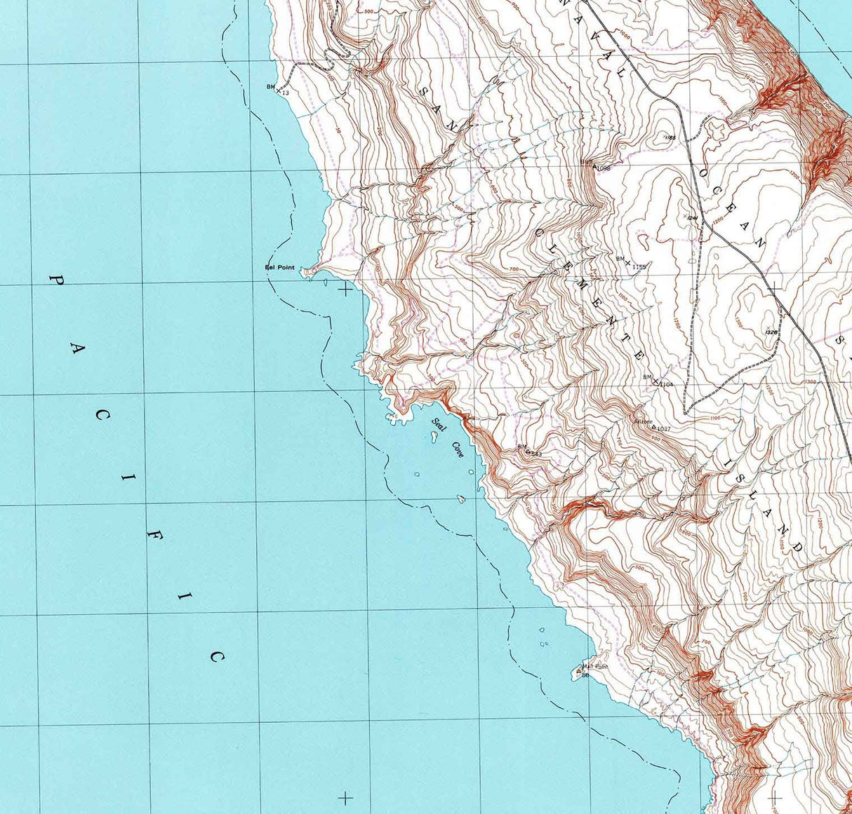 1943 Topo Map of San Clemente Island Central California