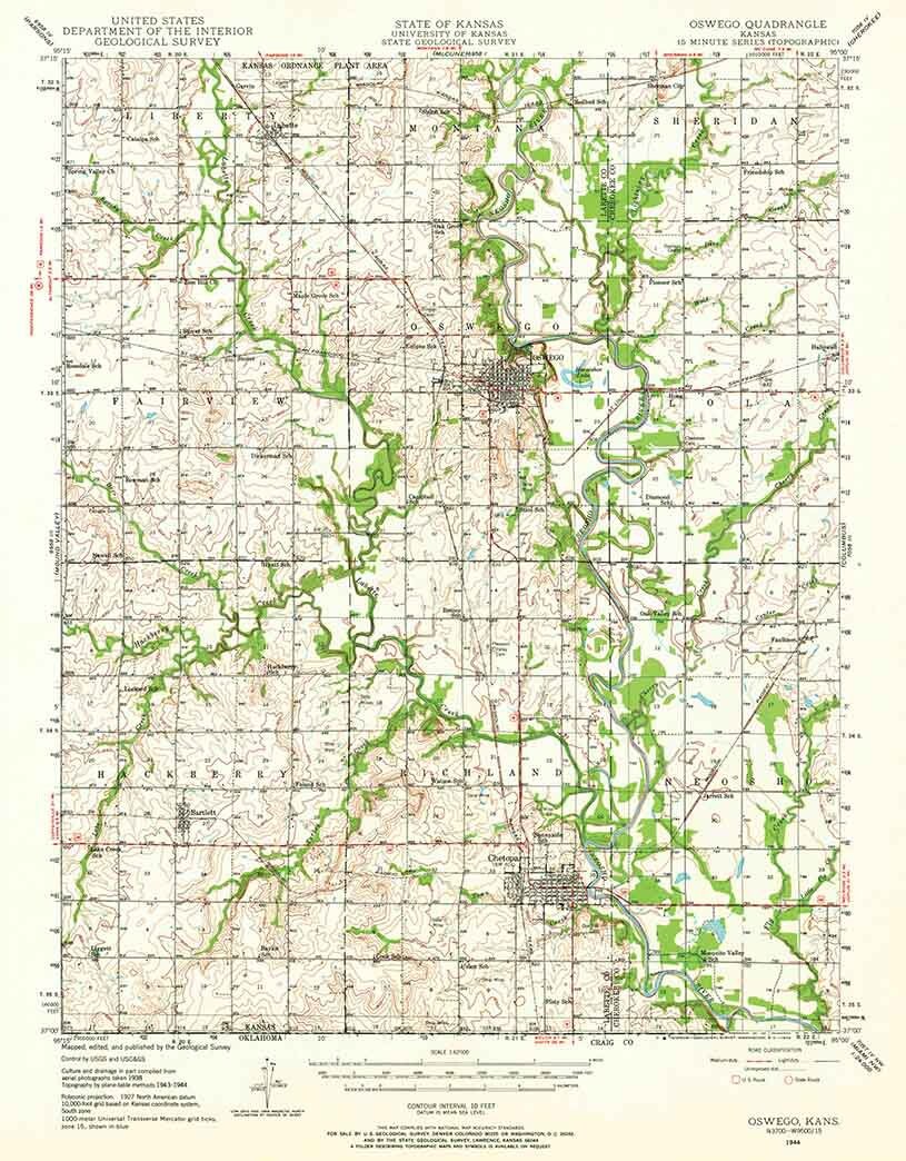 1944 Topo Map of Oswego Kansas Chetopa