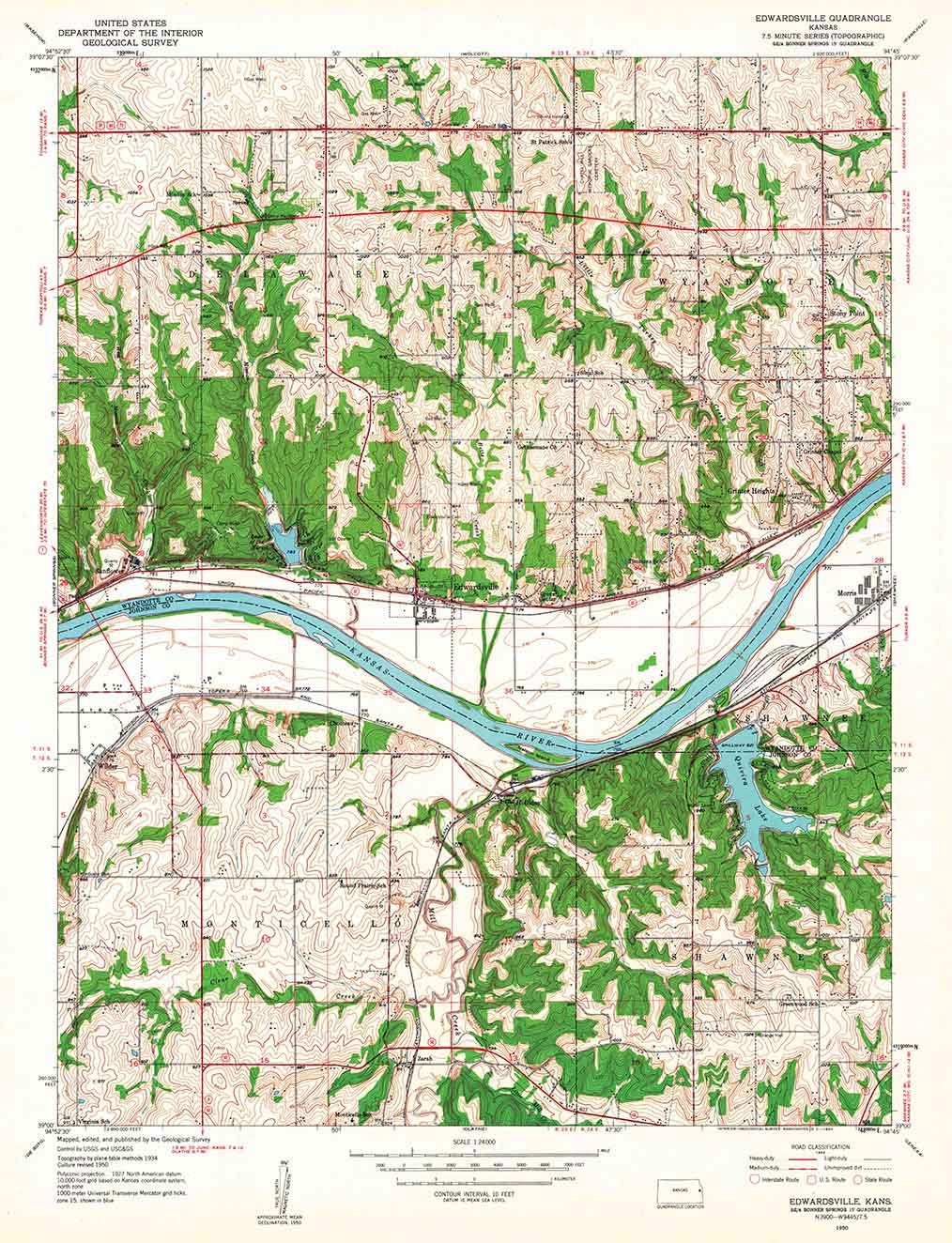 1950 Topo Map of Edwardsville Kansas Kansas River