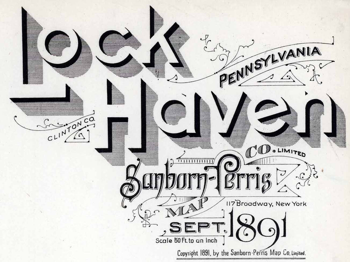 1891 Town Map Lock Haven Clinton County Pennsylvania