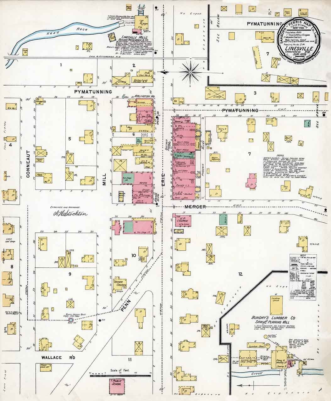 1898 Town Map of Linesville Crawford County Pennsylvania