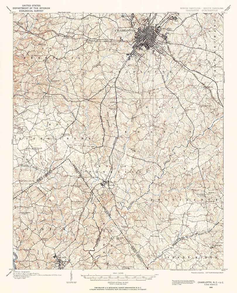 1905 Topo Map of Charlotte North Carolina Fort Mill Pineville
