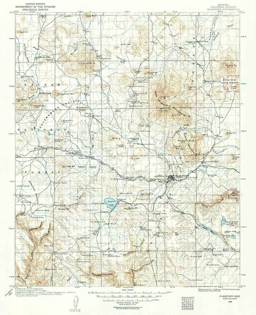 1908 Topo Map of Flagstaff Arizona Rogers Lake