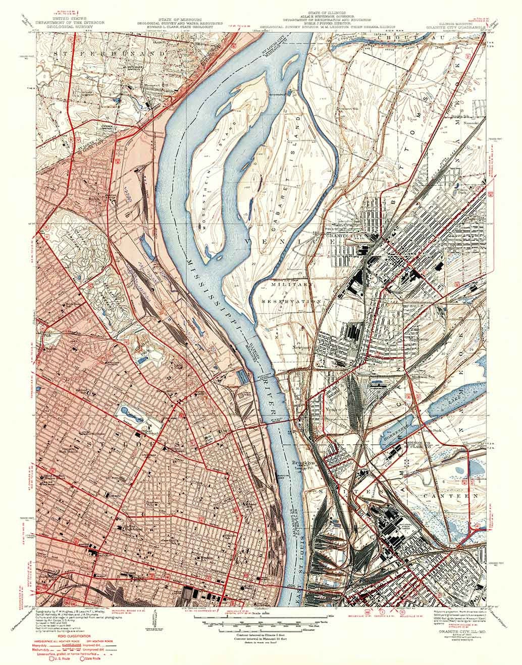 1940 Topo Map of Granite City Illinois Mississippi River