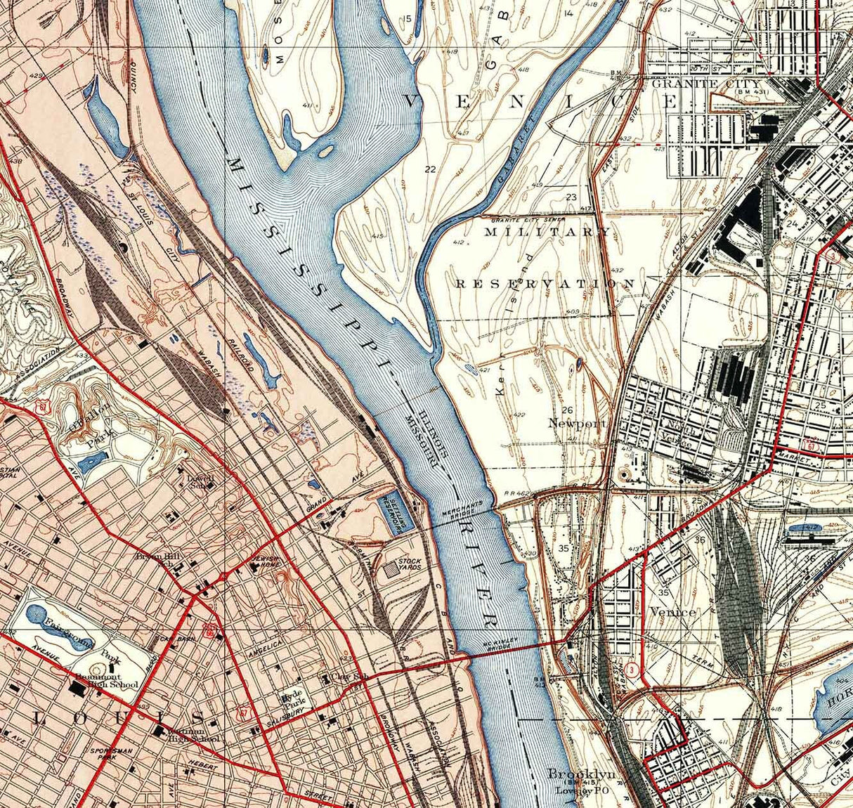 1940 Topo Map of Granite City Illinois Mississippi River