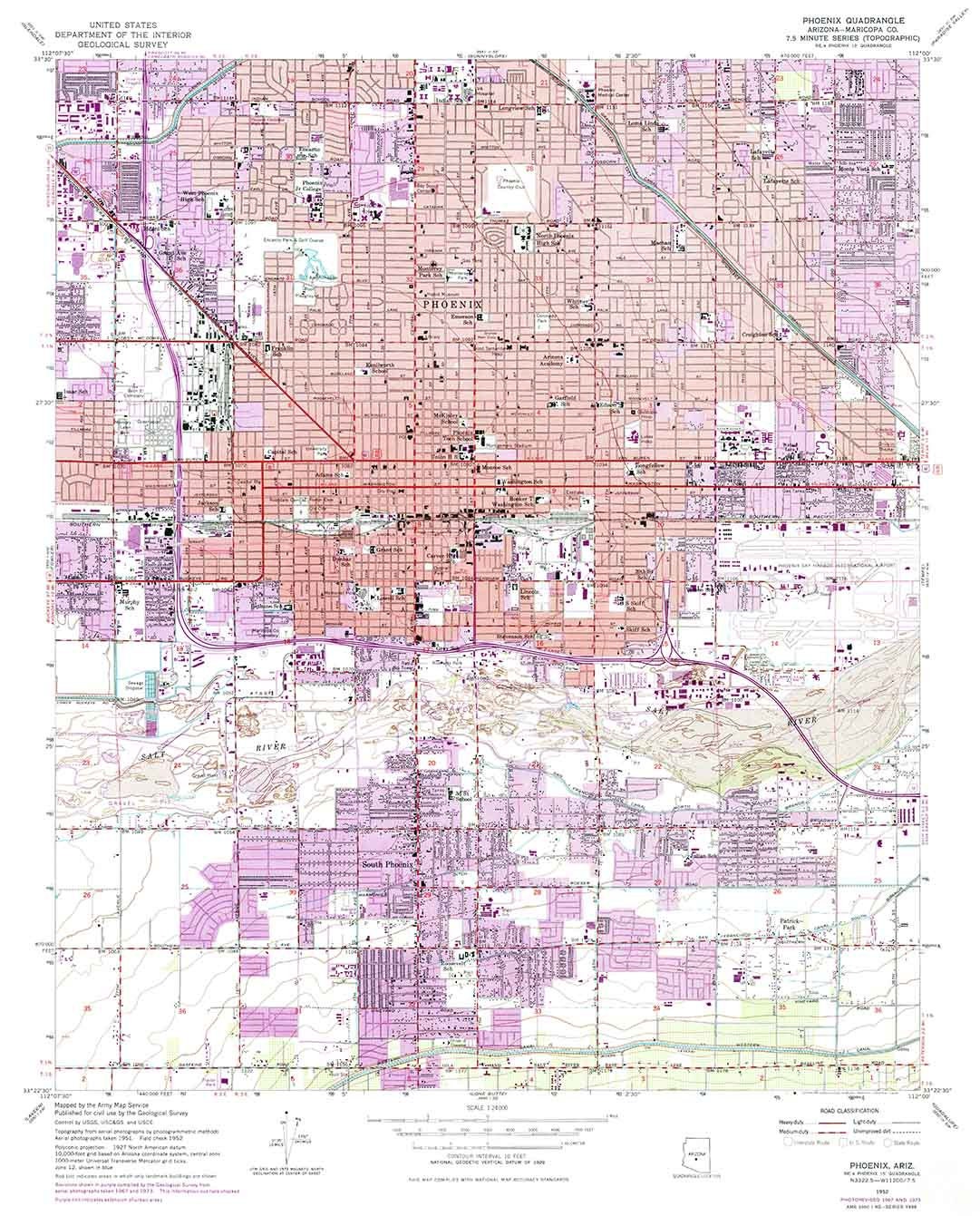 1952 Topo Map of Phoenix Arizona Salt River