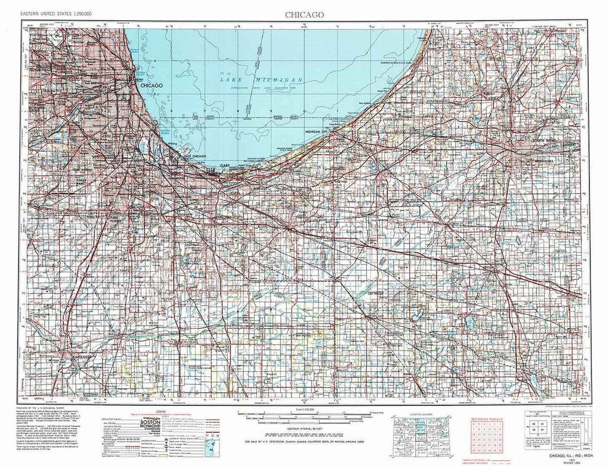 1953 Topo Map of Chicago Illinois Lake Michigan