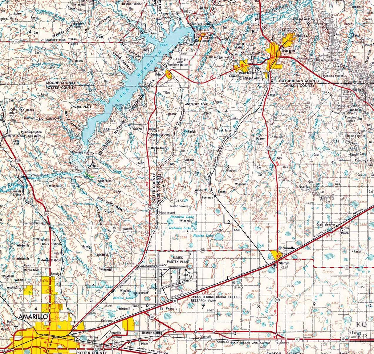 1954 Topo Map of Amarillo Texas Borger Pampa