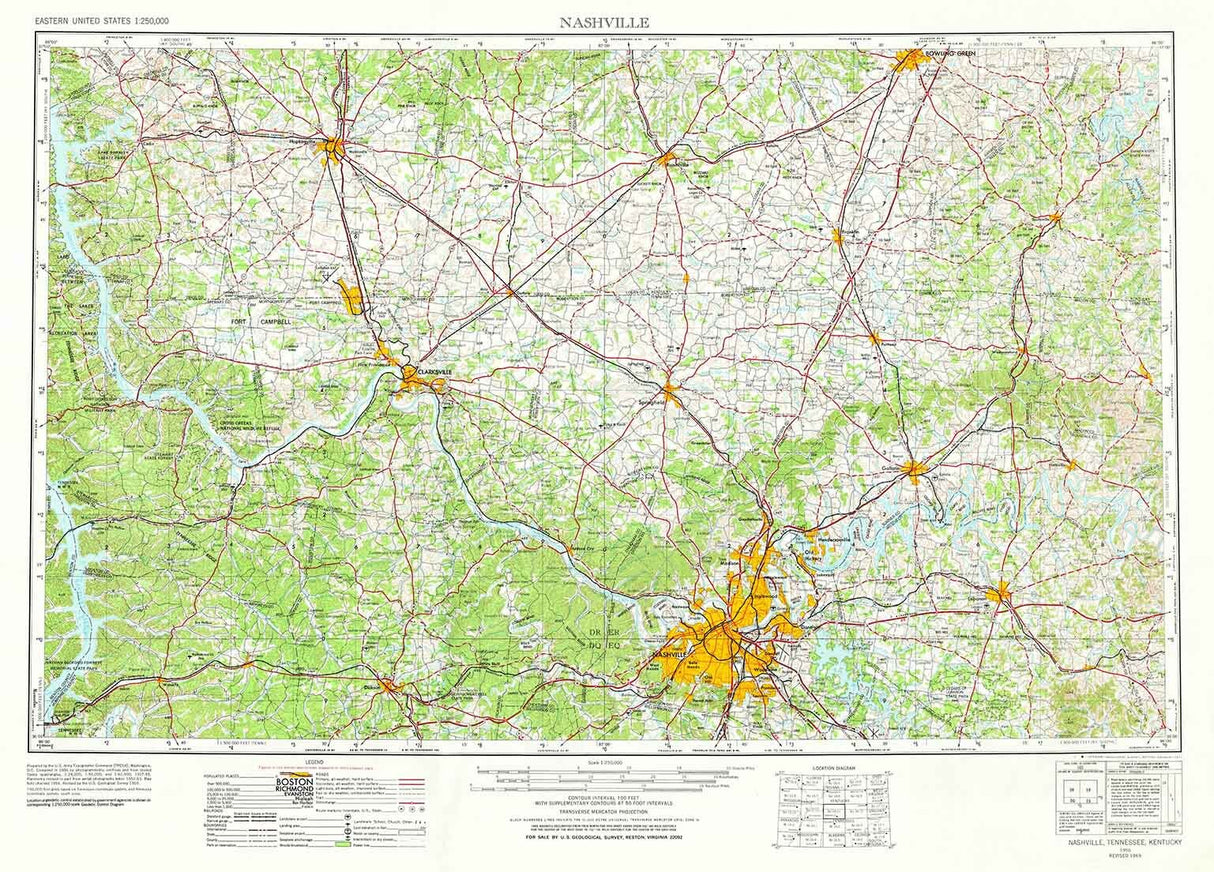 1956 Topo Map of Nashville Tennessee Clarksville Springfield