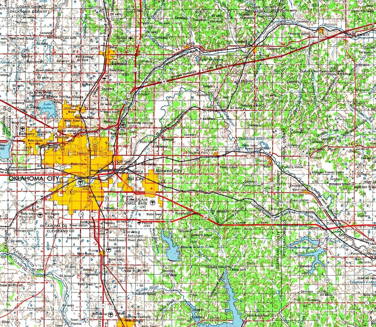 1957 Topo Map of Oklahoma City Oklahoma Shawnee Seminole