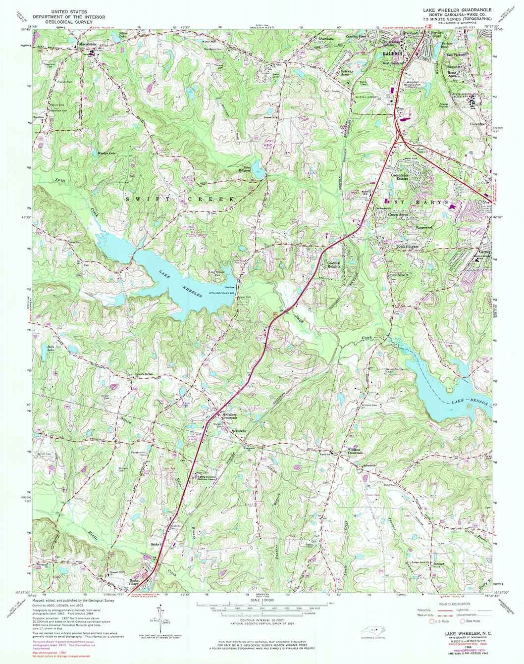 1964 Topo Map of Lake Wheeler North Carolina Lake Wheeler Lake Benson