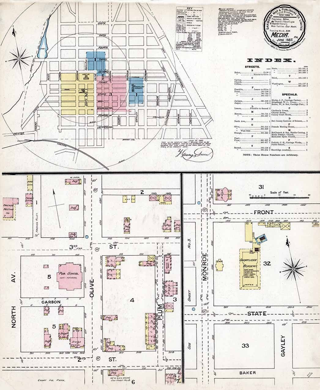 1887 Town Map of Media Delaware County Pennsylvania