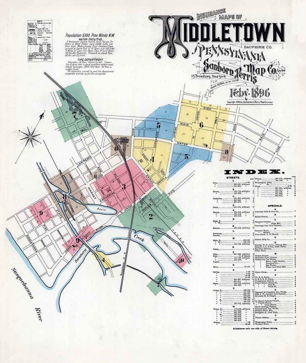 1896 Town Map of Middletown Dauphin County Pennsylvania