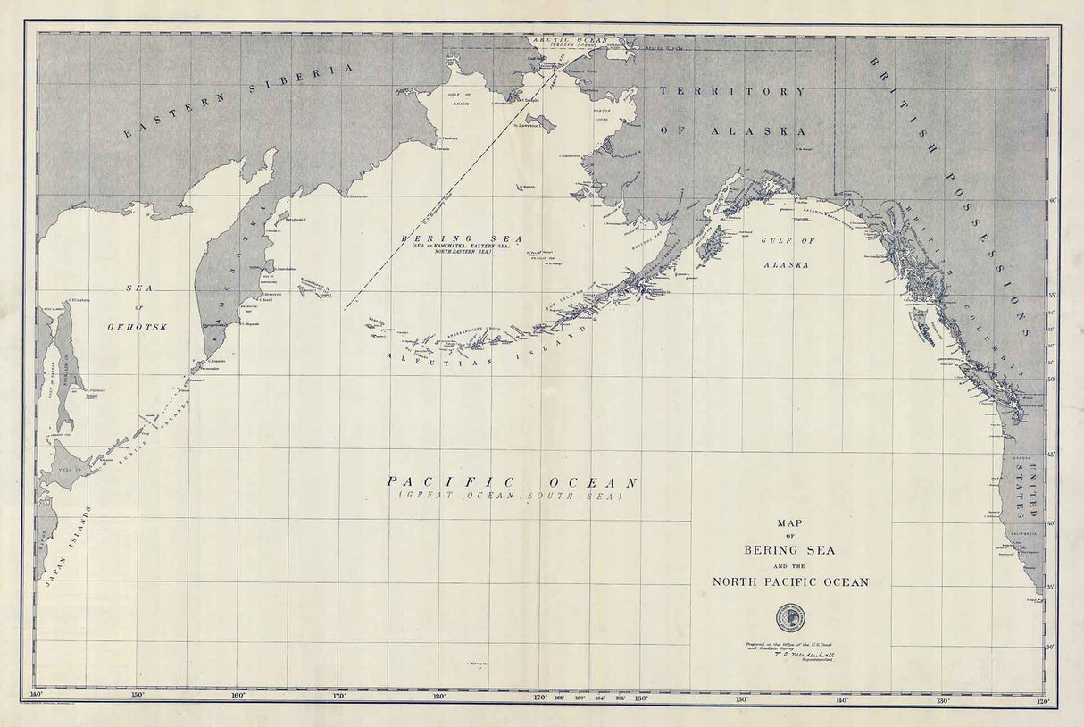 1892 Map of the North Pacific Ocean Siberia Alaska Aleutian Islands
