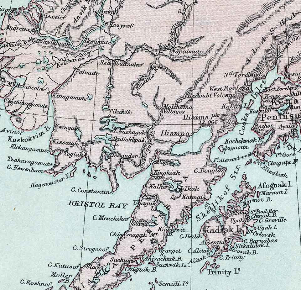 1890 Map of Alaska Canada Aleutian Islands