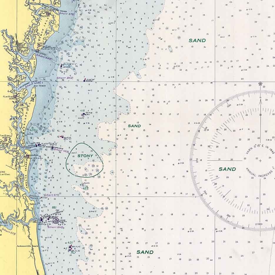 1943 Nautical Map of Ship Wrecks Charleston Light to Cape Canaveral