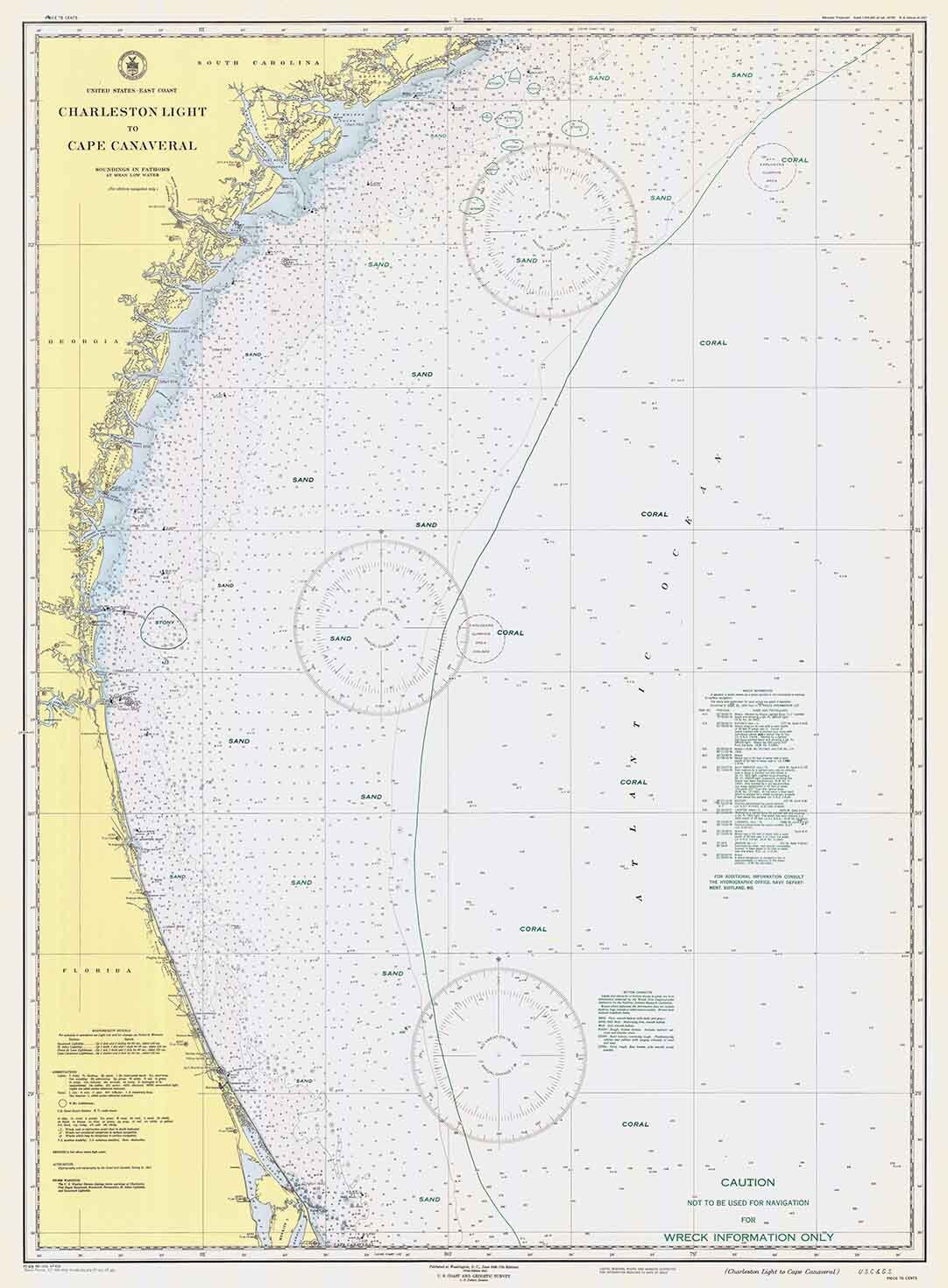1947 Nautical Map of Charleston Light to Cape Canaveral Florida