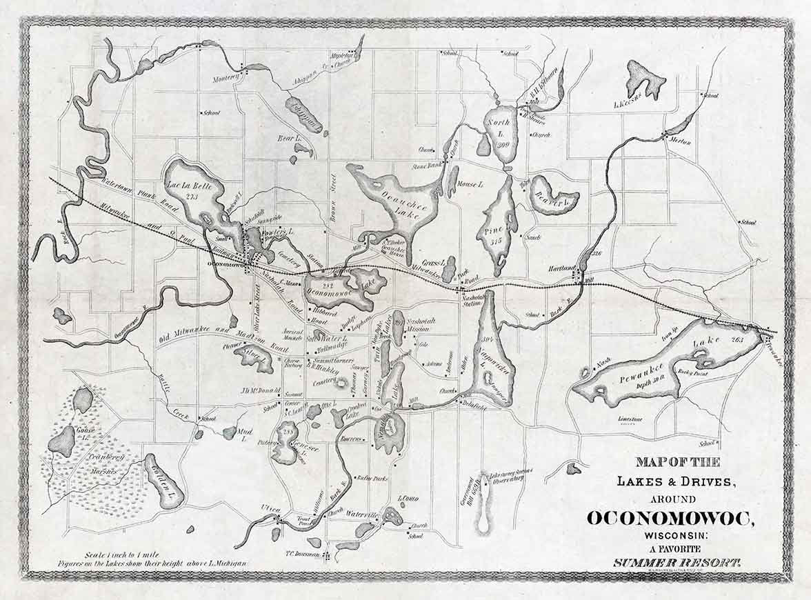 1876 Map of Lakes Around Oconomowoc Wisconsin