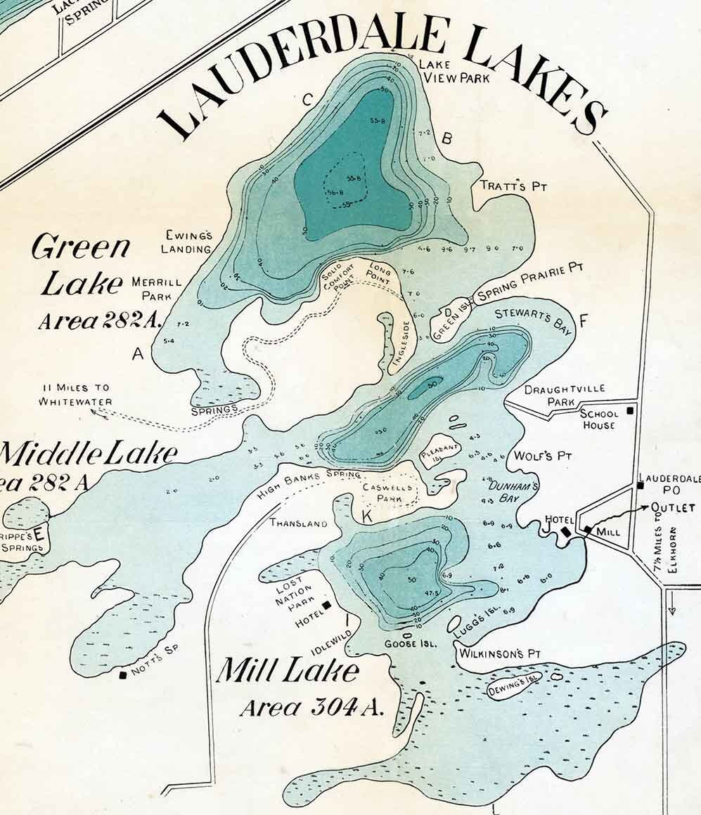 1898 Map of Delavan and Lauderdale Lakes Walworth County Wisconsin
