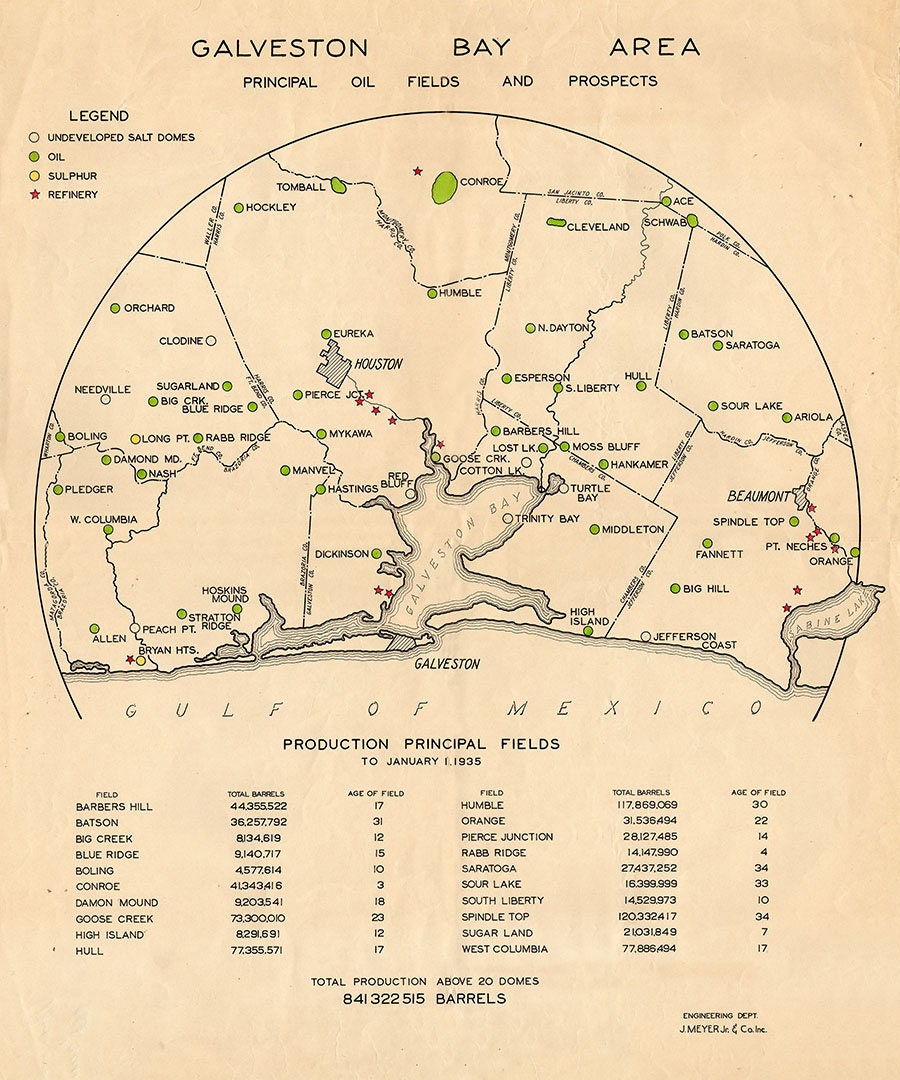 1935 Map of Galveston Bay Texas Oil Fields