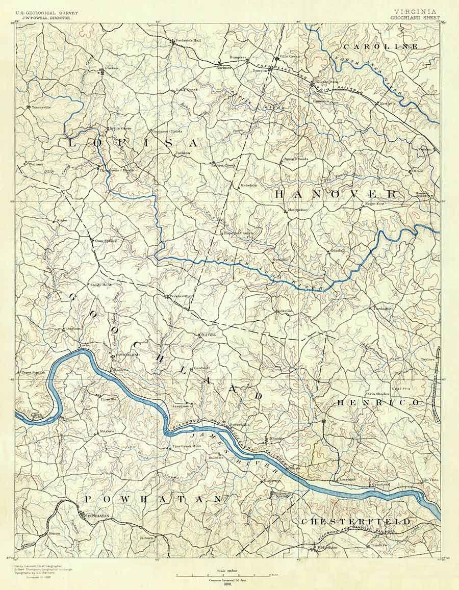 1890 Topo Map of Goochland Virginia Powhatan