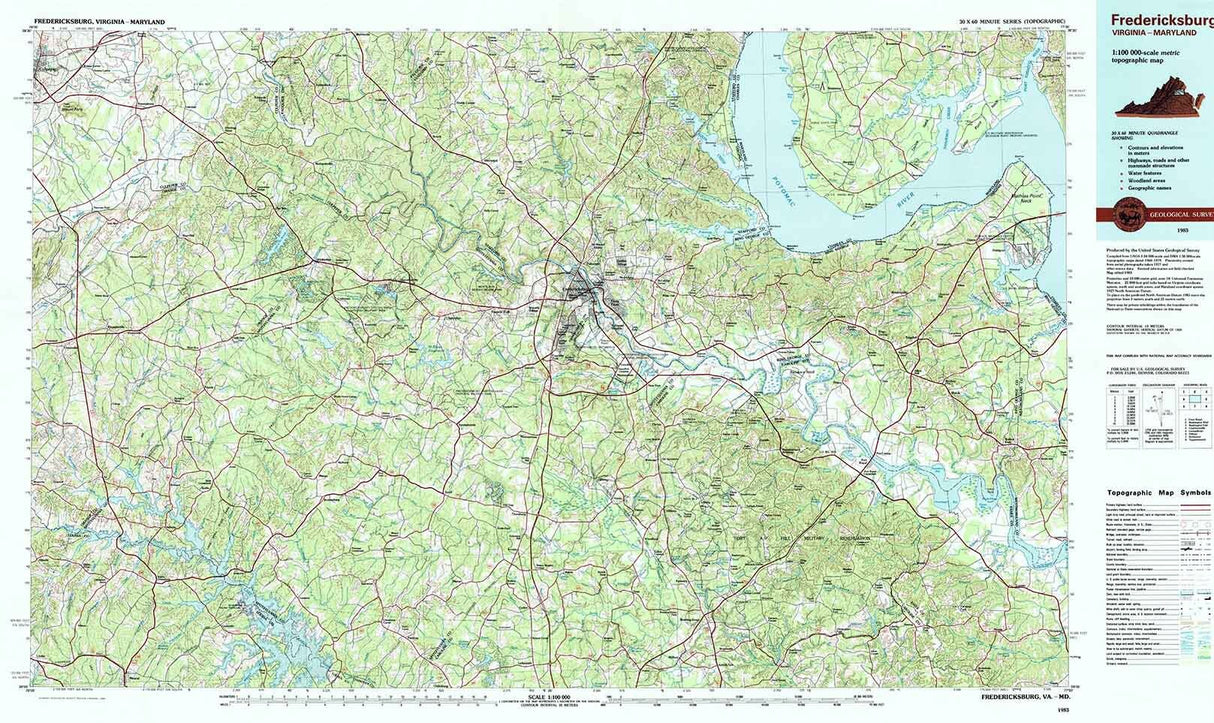 1983 Topo Map of Fredericksburg Virginia Potomac River