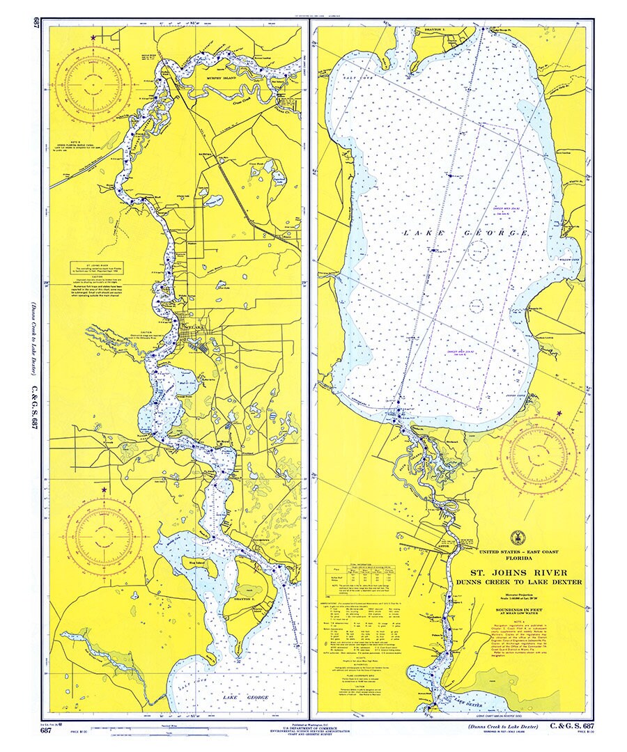 1968 Map of St Johns River Dunns Creek to Lake Dexter Florida