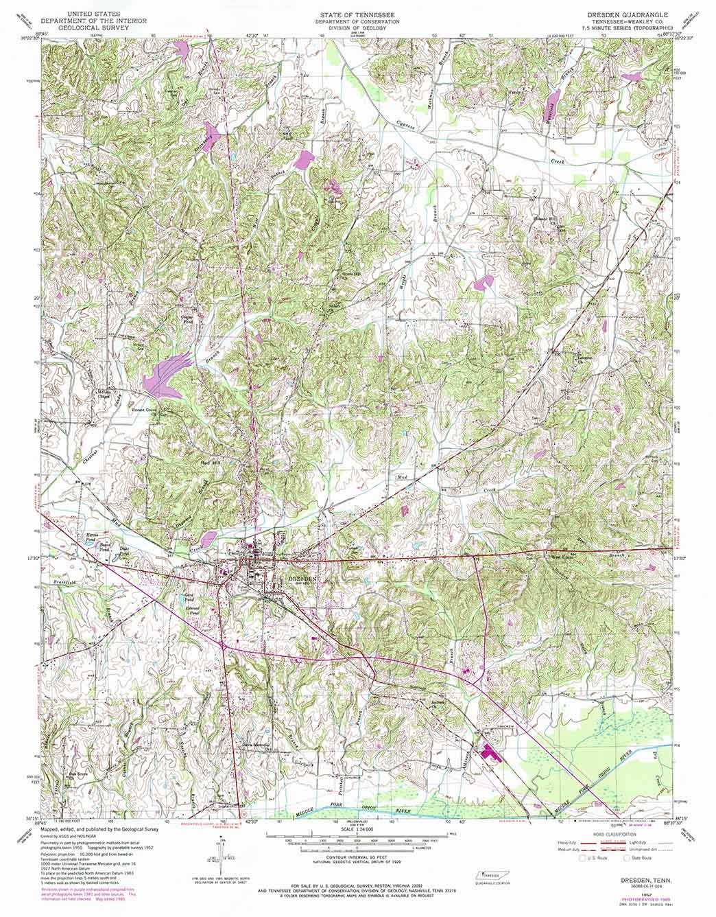 1952 Topo Map of Dresden Tennessee Cypress Creek