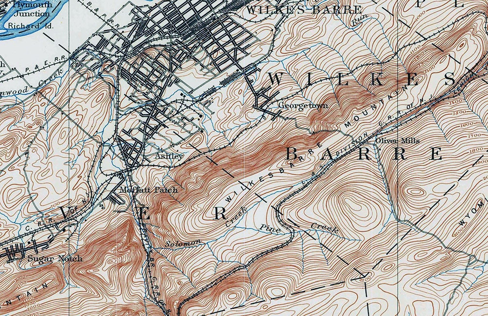 1891 Topo Map of Wilkes-Barre Pennsylvania Quadrangle