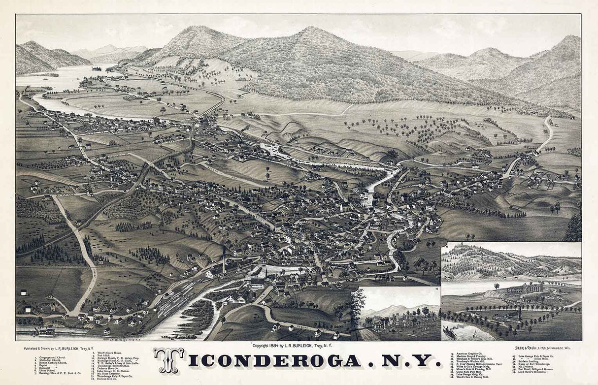 1884 Panoramic Map of Ticonderoga New York