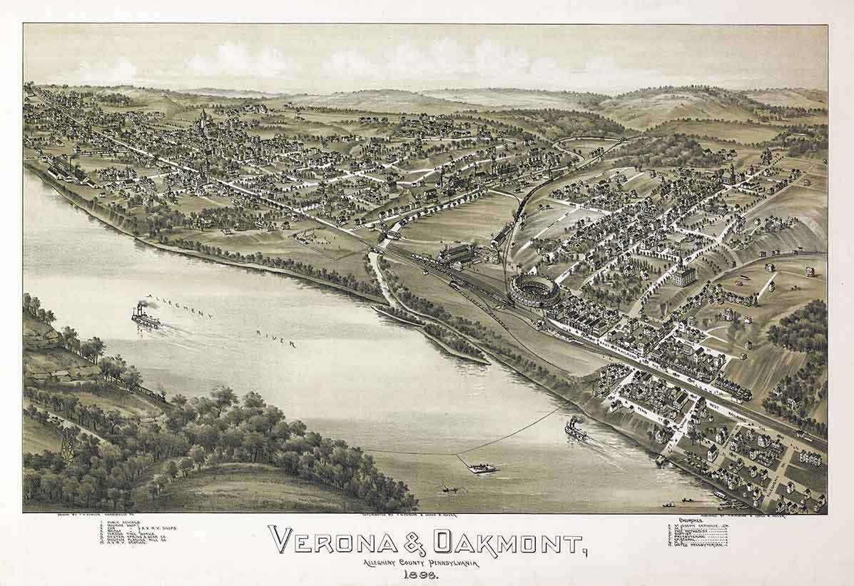 1896 Panoramic Map of Verona and Oakmont Allegheny County Pennsylvania