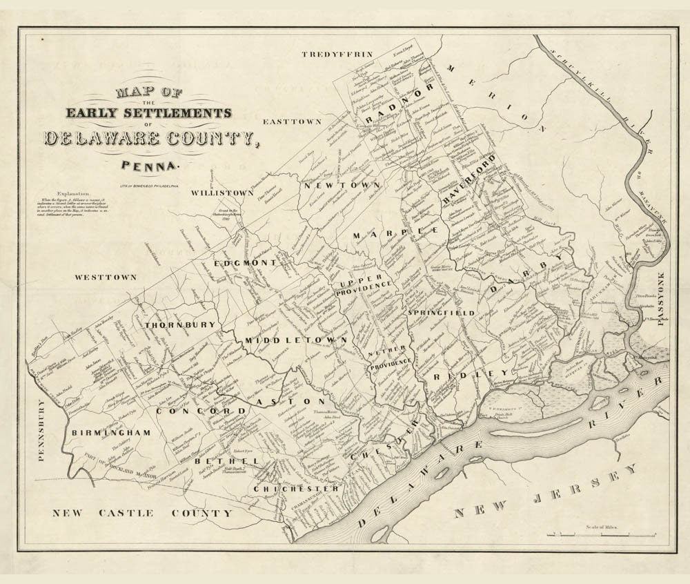 1862 Map of early settlements of Delaware County Pa